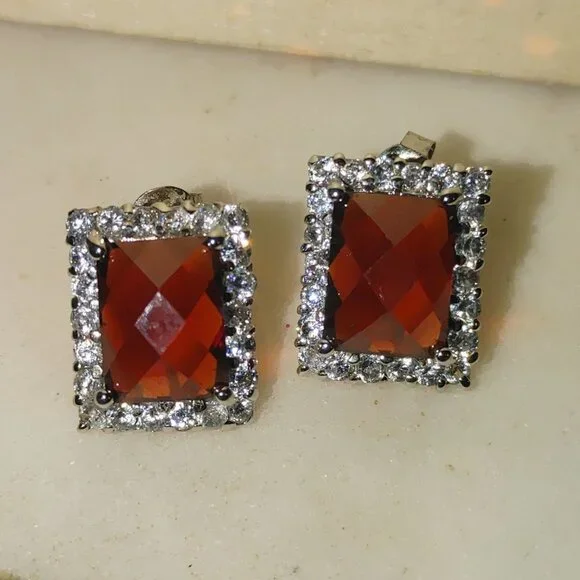 Garnet Earrings Sterling Silver 925 Vintage Square Red Bold Elegant Gemstones - Picture 5 of 9
